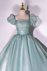 Prom Dress Two Pieces, Green Tulle Floor Length Prom Dress, Lovely Short Sleeve Formal Evening Gown