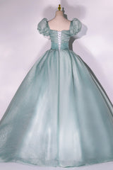 Prom, Green Tulle Floor Length Prom Dress, Lovely Short Sleeve Formal Evening Gown