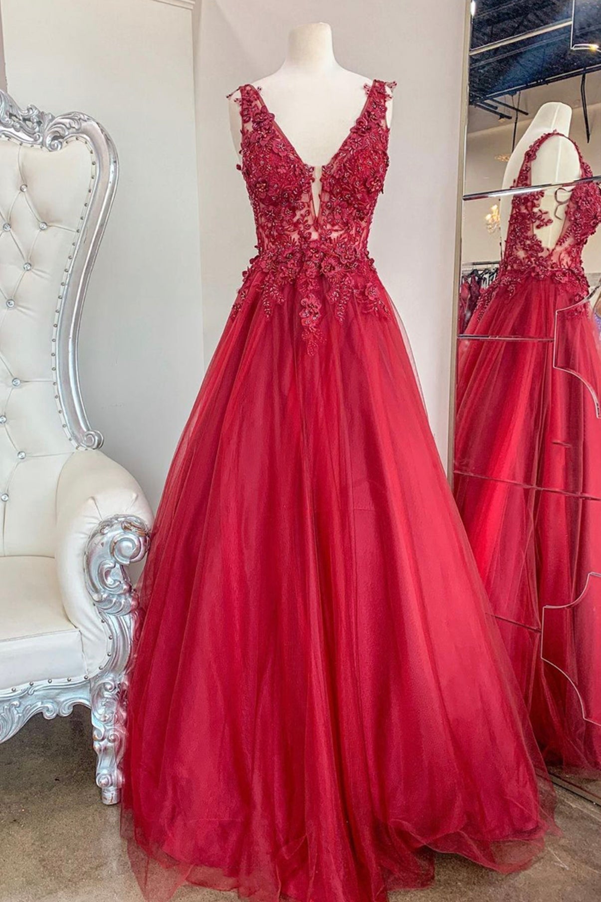 Long Dress Outfit, Red V-Neck Tulle Lace Long Prom Dresses, A-Line Red Evening Party Dresses
