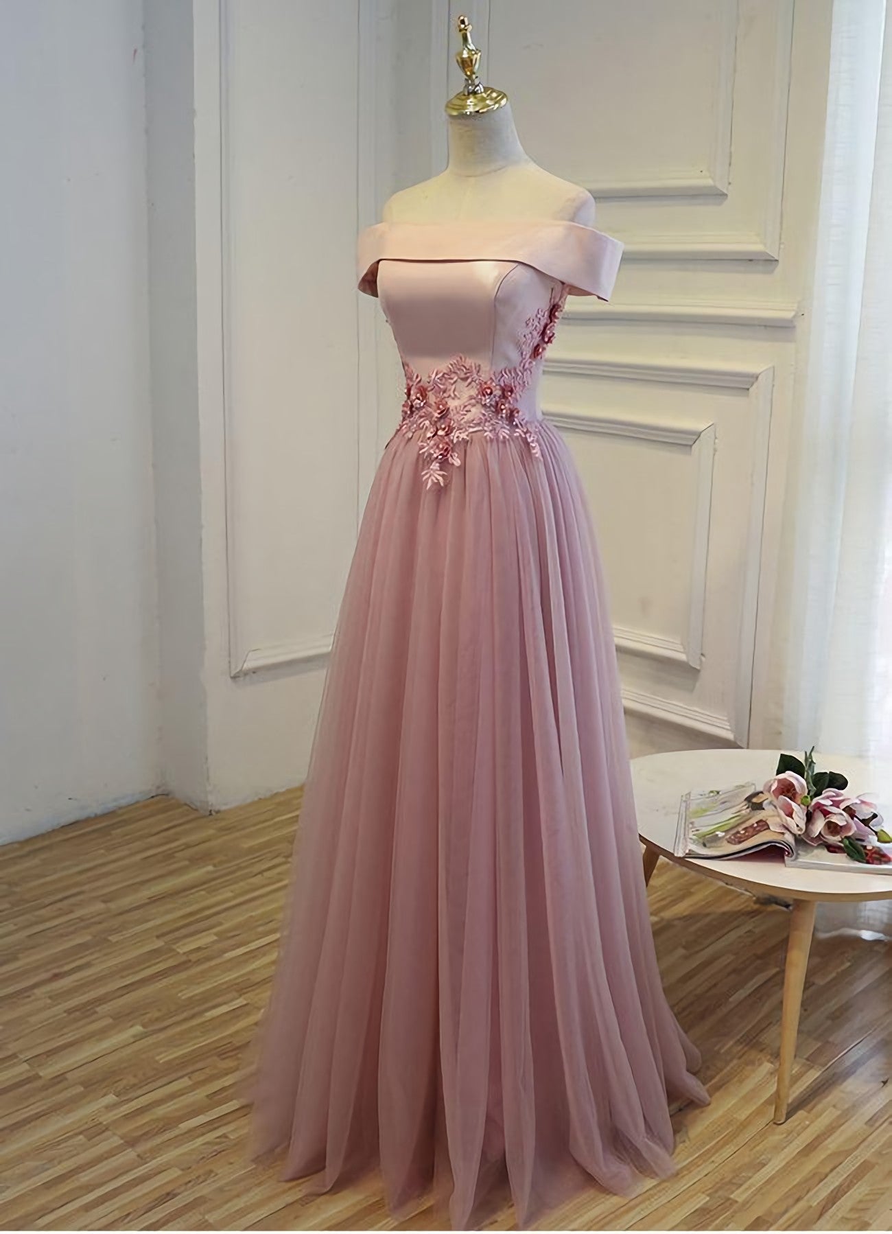 Party Dresses Express, Pink A Line Off Shoulder Floor Length Prom Dress, Lace Evening Dress