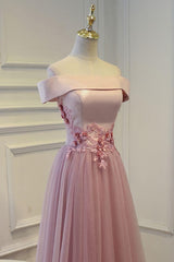 Party Dress Express, Pink A Line Off Shoulder Floor Length Prom Dress, Lace Evening Dress