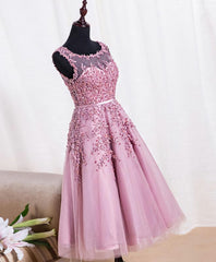 Party Dress Glitter, Cute Pink Lace Tulle Short Prom Dress, Pink Evening Dress