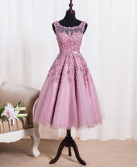 Party Dress Open Back, Cute Pink Lace Tulle Short Prom Dress, Pink Evening Dress