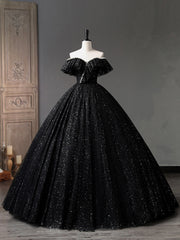 Prom Dresses Short, Black Tulle Long A-Line Prom Dress, Shiny Off Shoulder Evening Dress