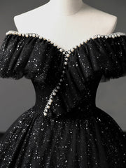 Prom Dress Ideas, Black Tulle Long A-Line Prom Dress, Shiny Off Shoulder Evening Dress