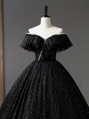 Prom Dresses Under 115, Black Tulle Long A-Line Prom Dress, Shiny Off Shoulder Evening Dress