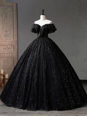 Prom Dress Under 115, Black Tulle Long A-Line Prom Dress, Shiny Off Shoulder Evening Dress