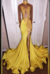 Prom Dresses Brands, 2024 Junoesque Yellow Split Mermaid/Trumpet Long Sleeve Satin Prom Dresses