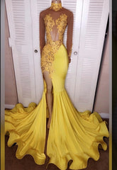Formal Dresses Ideas, 2024 Junoesque Yellow Split Mermaid/Trumpet Long Sleeve Satin Prom Dresses