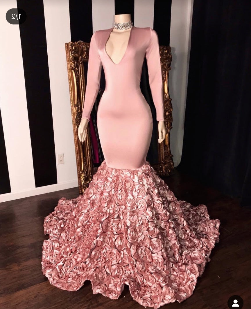 Evening Dresses Elegant Classy, 2024 Long Sleeve Dusty Rose V-neck Mermaid Prom Dresses