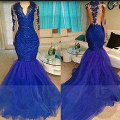 Prom Dresses Near Me, 2024 Long Sleeve Royal Blue V-neck Tulle Mermaid Prom Dresses