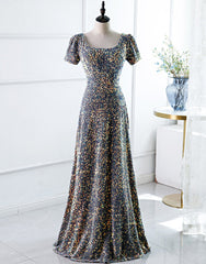 Casual Dress, A-Line Square Long Evening Dress with Sequins