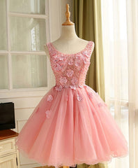 Dinner Dress Classy, Cute A Line Pink Tulle Pearl Short Prom Dress, Homecoming Dress