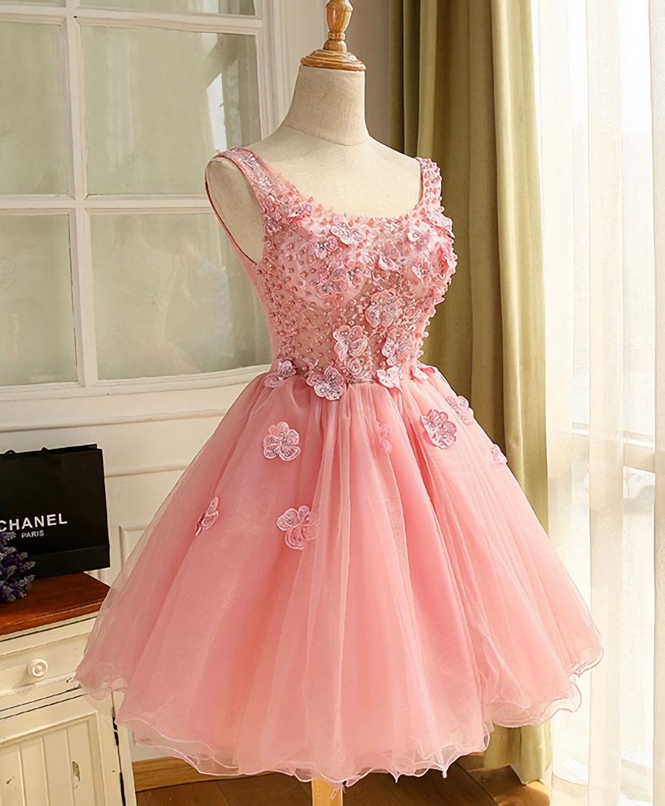 Party Dress Midi With Sleeves, Cute A Line Pink Tulle Pearl Short Prom Dress, Homecoming Dress