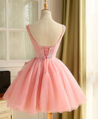 Strapless Prom Dress, Cute A Line Pink Tulle Pearl Short Prom Dress, Homecoming Dress