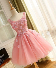 Fancy Outfit, Cute A Line Pink Tulle Pearl Short Prom Dress, Homecoming Dress
