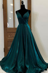 Green Dress, Green Satin Long Prom Dresses, Simple V-Neck Evening Dresses