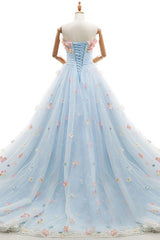 Wedding Dress For The Beach, Charming Light Blue Tulle Sweetheart Ball Gown Court Train Wedding Dresses