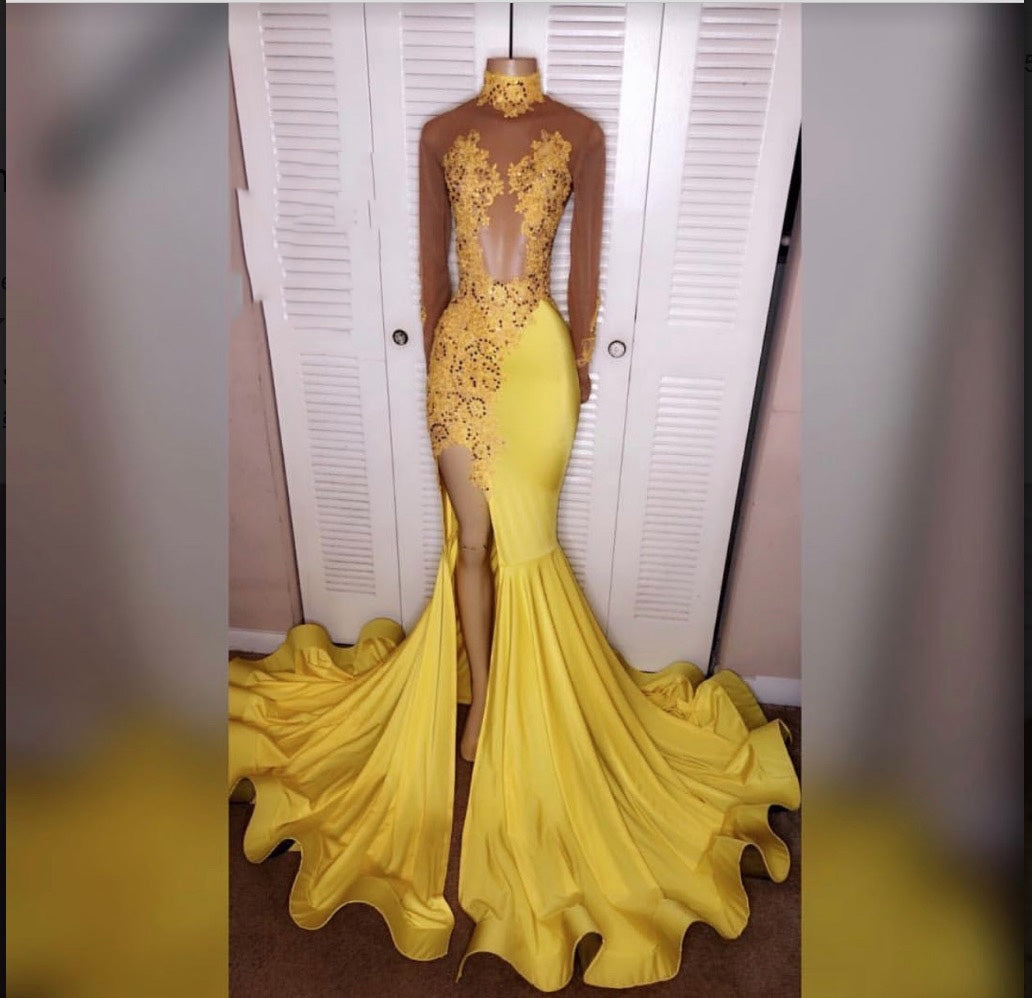 Formal Dress Trends, 2024 Junoesque Yellow Split Mermaid/Trumpet Long Sleeve Satin Prom Dresses