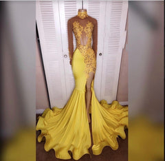 Prom Dress Stores Near Me, 2024 Junoesque Yellow Split Mermaid/Trumpet Long Sleeve Satin Prom Dresses