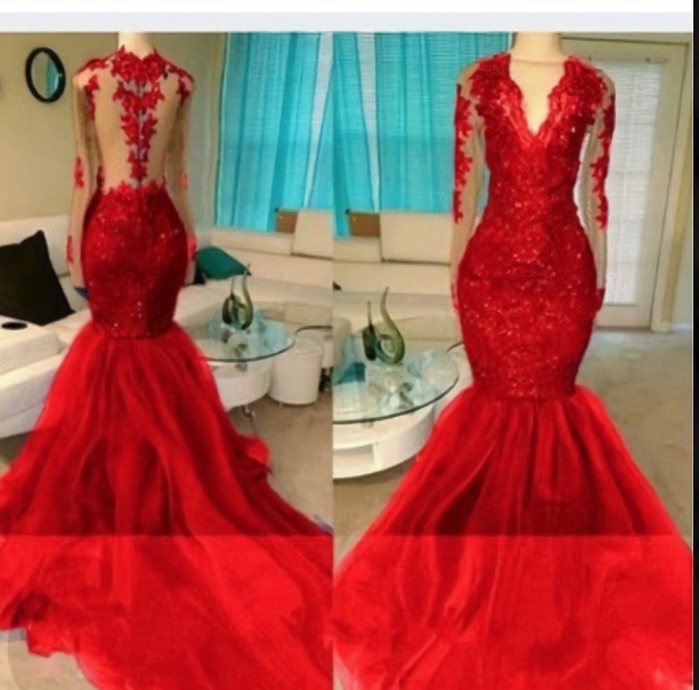 Formal Dresses Simple, 2024 Red Appliques Long Sleeve V-neck Prom Dresses