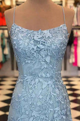 Wedding Color, Blue Spaghetti Straps Backless Appliques Prom Dress