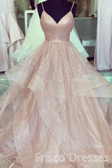Homecoming Dress Online, A Line Rose Gold Pleated Bodice Ruffled Long Prom Dresses