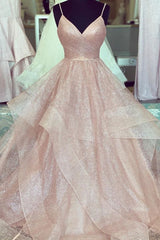 Evening Dress Long, rose gold ruffled long prom dress with pleated bodice