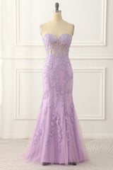 Bridesmaids Dresses Fall, Lavender Strapless Mermaid Prom Dress with Appliques