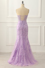 Bridesmaides Dresses Fall, Lavender Strapless Mermaid Prom Dress with Appliques