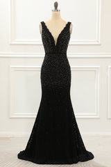 Evening Dress Store, Black Deep V Neck Lace Mermaid Prom Dress with Beading