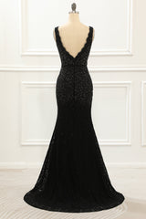 Evening Dress Stores, Black Deep V Neck Lace Mermaid Prom Dress with Beading