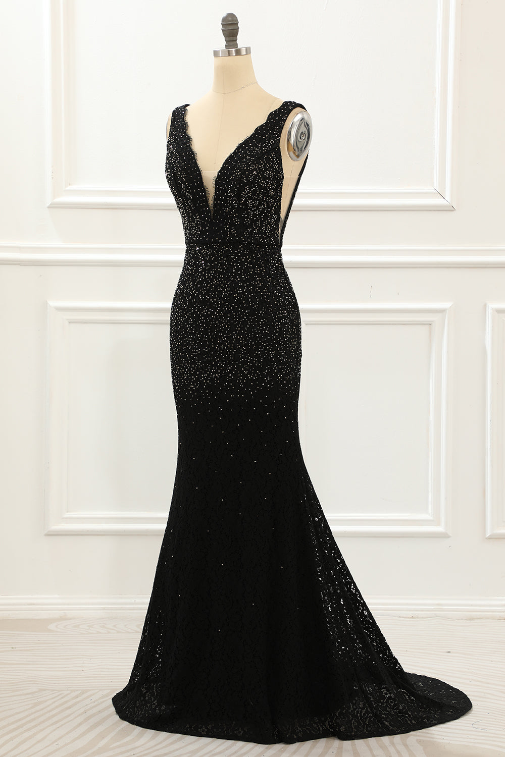 Evening Dresses Stores, Black Deep V Neck Lace Mermaid Prom Dress with Beading