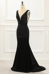 Evening Dresses Stores, Black Deep V Neck Lace Mermaid Prom Dress with Beading