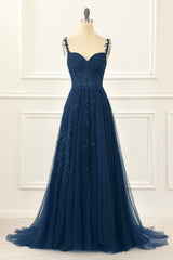 Party Dress Long, Navy Tulle A Line Corset Prom Dress with Appliques