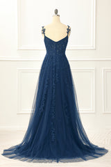 Party Dresses Long, Navy Tulle A Line Corset Prom Dress with Appliques