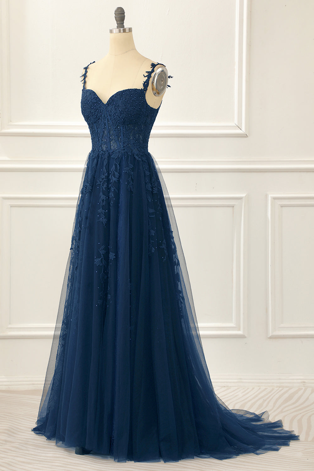Party Dresses Long Dresses, Navy Tulle A Line Corset Prom Dress with Appliques