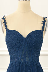 Party Dress Long Dress, Navy Tulle A Line Corset Prom Dress with Appliques