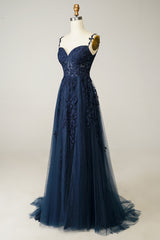 Bridesmaid Dresses Different Style, A Line Spaghetti Straps Navy Prom Dress with Appliques