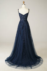 Bridesmaids Dresses Different Styles, A Line Spaghetti Straps Navy Prom Dress with Appliques