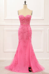 Evening Dress Yde, Hot Pink Tulle Lace-up Back Mermaid Prom Dress with Appliques