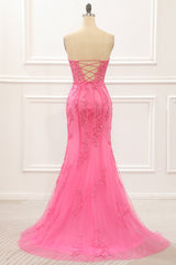 Evening Dress Shopping, Hot Pink Tulle Lace-up Back Mermaid Prom Dress with Appliques