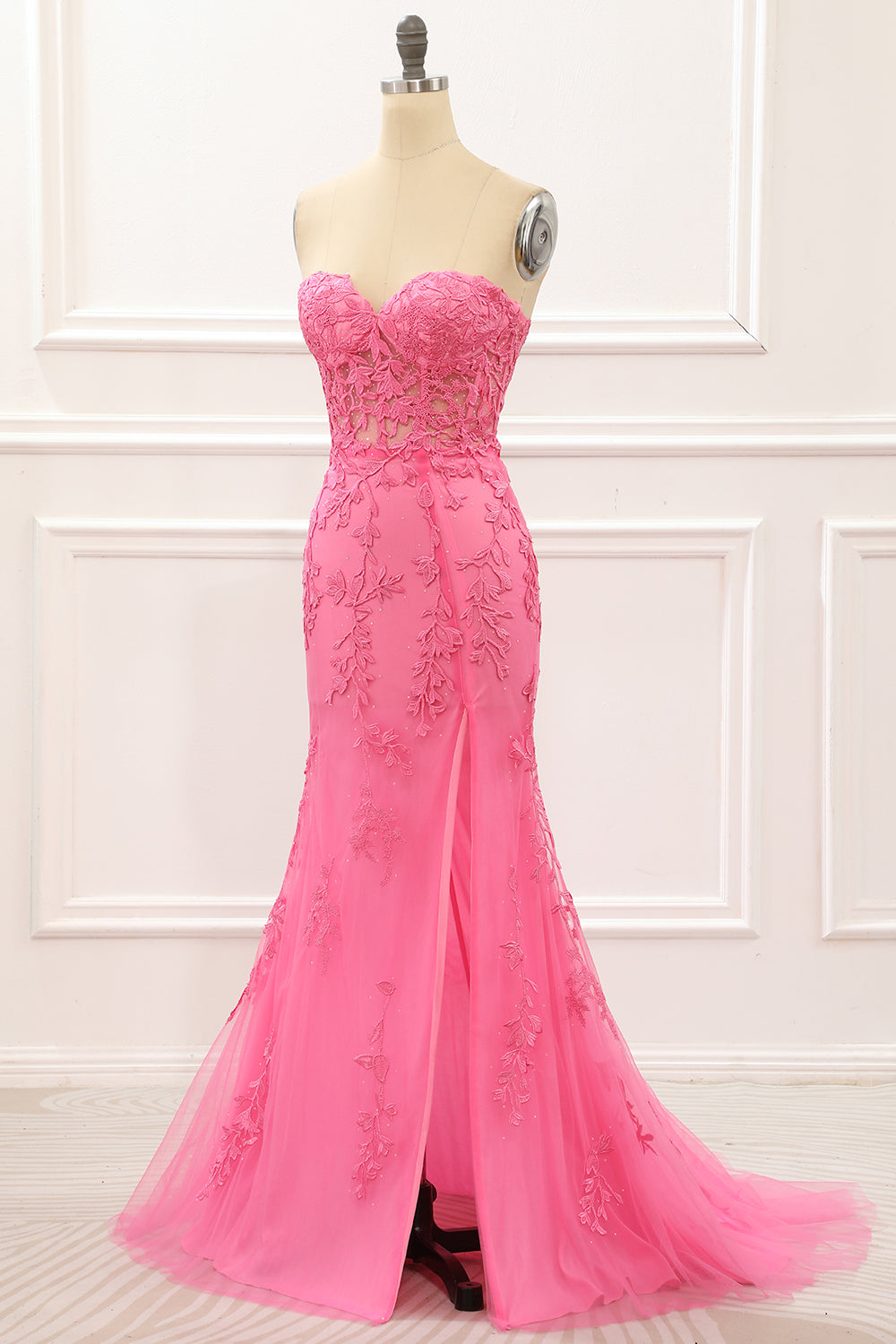 Evening Dress Shops, Hot Pink Tulle Lace-up Back Mermaid Prom Dress with Appliques