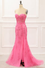 Evening Dress Shops, Hot Pink Tulle Lace-up Back Mermaid Prom Dress with Appliques