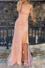 Prom Dresses Shops, Pink Strapless Lace Long Prom Dress with Slit