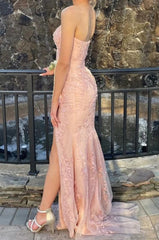 Prom Dresses Inspired, Pink Strapless Lace Long Prom Dress with Slit