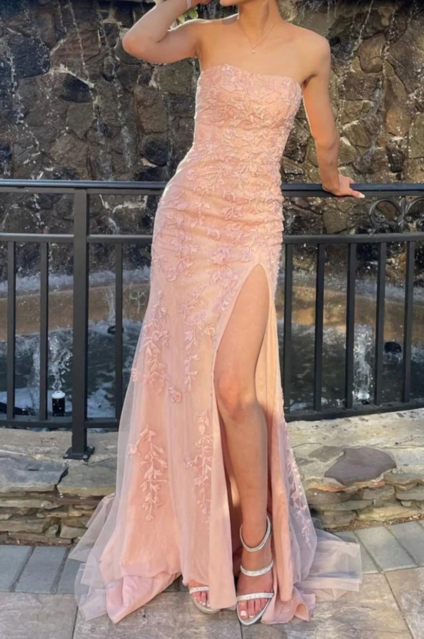 Prom Dresses Inspiration, Pink Strapless Lace Long Prom Dress with Slit