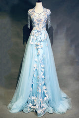 Prom Dresses Two Pieces, Modest Square Neckline Beading Appliques Sky Blue Long Prom Dresses Pageant Gown