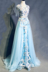Prom Dressed Two Piece, Modest Square Neckline Beading Appliques Sky Blue Long Prom Dresses Pageant Gown