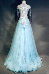 Prom Dress Two Pieces, Modest Square Neckline Beading Appliques Sky Blue Long Prom Dresses Pageant Gown